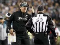  ?? PATRICK SEMANSKY — THE ASSOCIATED PRESS ?? Eagles head coach Doug Pederson argues a call during the first half of the NFC Championsh­ip against the Minnesota Vikings Sunday.