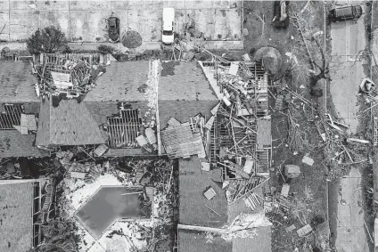  ?? Mark Mulligan / Staff photograph­er ?? The trend toward a greater frequency of storms getting stronger rapidly may continue, climate experts say. Unexpected high winds and storm surges, which destroyed buildings in Lake Charles, La., last year with Hurricane Laura, can be catastroph­ic