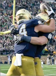  ?? PILOT PHOTO/MAGGIE NIXON ?? Jack Kiser celebrates his early pick-six, his second of the year for the Irish.