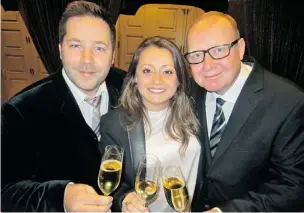  ??  ?? From left, Gérard Bertrand’s Jean-Philippe Turgeon, Torres’ Anna Manchon and Taittinger’s Mikael Falkman saw their prized bottles uncorked at the five-course dinner paired with champagne and nine exclusive wines.