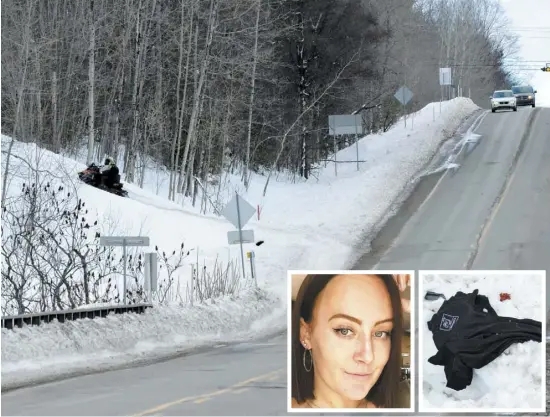  ?? PHOTOS JONATHAN TREMBLAY ET TIRÉE DE FACEBOOK ?? L’accident impliquant Naggie Tellier (en mortaise) a eu lieu au bas de cette pente, dimanche matin, à Sainte-Mélanie, dans Lanaudière, tout près d’une piste de motoneige. Hier, son chandail d’employée se trouvait toujours sur les lieux de l’impact.