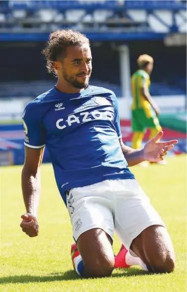  ?? Agence France-presse ?? Everton’s Dominic Calvert-lewin celebrates after scoring a goal against West Bromwich during their English Premier League match on Saturday.