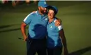  ?? Meyer/PGA of America/Getty Images ?? Jon Rahm celebrates with Viktor Hovland on the 18th green. Photograph: Maddie