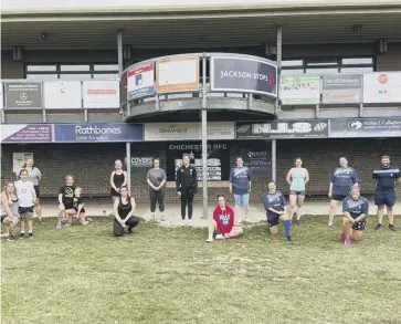  ??  ?? Social distancing on display as Chichester’s women players visit Oaklands Park for Jess Breach’s drills session