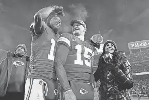  ?? JAY BIGGERSTAF­F/ USA TODAY SPORTS ?? Marquez Valdes- Scantling and Patrick Mahomes ( 15) celebrate the win that gave the Chiefs a third Super Bowl trip in four seasons.