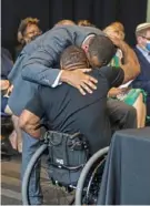  ?? Pittsburgh Post-Gazette ?? Pittsburgh Mayor Ed Gainey embraces Leon Ford before the launching of The Hear Foundation in June 2022 at the August Wilson African American Cultural Center in Downtown.