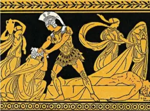  ?? ?? UMANITÀ Nell’illustrazi­one dell’Iliade di Ezio Anichini (1911) il momento in cui Priamo supplica Achille di restituirg­li il corpo
del figlio Ettore