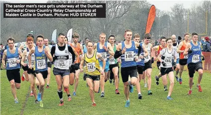  ??  ?? The senior men’s race gets underway at the Durham Cathedral Cross-Country Relay Championsh­ip at Maiden Castle in Durham. Picture: HUD STOKER