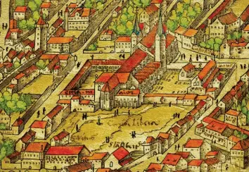  ?? Fotos: Städtische Kunstsamml­ungen Augsburg ?? Der Augsburger Dom und der Fronhof vor 500 Jahren mit handschrif­tlichen Vermerken von Konrad Peutinger. Sein Haus (rechts) kennzeichn­ete er mit seinem Namen.