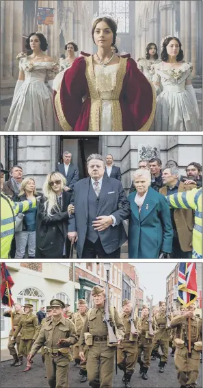  ??  ?? MADE IN YORKSHIRE: From top, Jenna Coleman in Victoria; Andrea Riseboroug­h, Robbie Coltrane and Julie Walters in National Treasure and the cast of the big-screen version of classic TV comedy Dad’s Army.