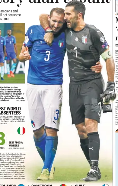  ?? GETTY IMAGES ?? Dutch star Arjen Robben (top left), legendary Italian goalkeeper Gianluigi Buffon (in black) and defender Giorgio Chiellini, who have been an integral part of their respective country’s World Cup campaigns in previous editions, will not be seen in...