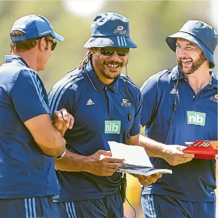  ??  ?? Blues coach Tana Umaga with assistant coaches Glenn Moore, who is moving on, and Alistair Rogers.