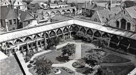  ?? ?? > Left, Great Cloister of Gloucester Cathedral, 1820, United Kingdom, drawing and engraving by John Coney. Above, the Cloister, 1955