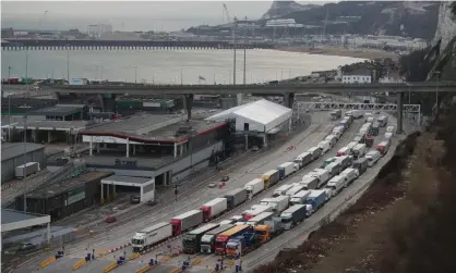  ??  ?? ‘There won’t be trucks filled with rotting food in Calais or shortages of medicines in pharmacies.’ Lorries queue at the port of Dover. Photograph: Daniel Leal-Olivas/AFP/Getty Images