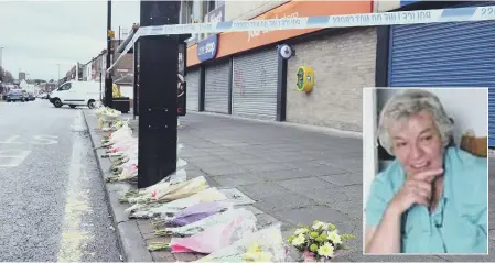  ??  ?? Tributes left for Joan Hoggett, inset, outside the One Stop Shop on Sea Road , where she worked.