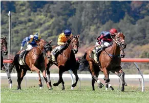  ?? TRISH DUNELL ?? Tinkalicio­us, right, takes the Cuddle Stakes at Trentham yesterday.