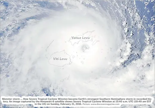  ?? Picture: www.discoverma­gazine.com ?? Monster storm ... How Severe Tropical Cyclone Winston became Earth’s strongest Southern Hemisphere storm in recorded history. An image captured by the Himawari-8 satellite shows Severe Tropical Cyclone Winston at 15:40 a.m. UTC (10:40 am EST in the US) on Sunday, February 21, 2016.