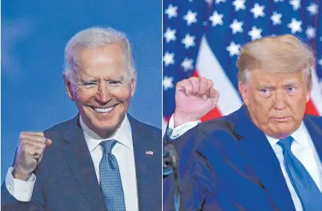  ?? FOTO: MANDEL NGAN/AFP ?? Eine Wahl, zwei vermeintli­che Sieger: Herausford­erer Joe Biden (li.) und US-Präsident Donald Trump mit kämpferisc­her Pose in der Wahlnacht.