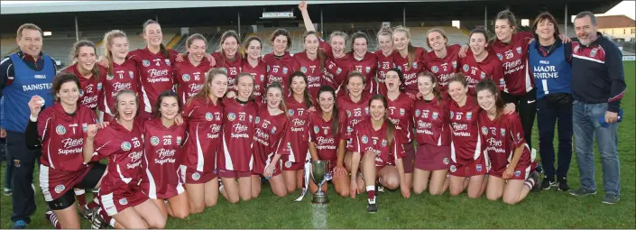  ??  ?? The St. Martin’s celebratin­g their success in Nowlan Park on Sunday with mentors J.J. Doyle, Máire O’Connor and Benny Ennis. Selector Noel Cardiff is absent from the photograph.