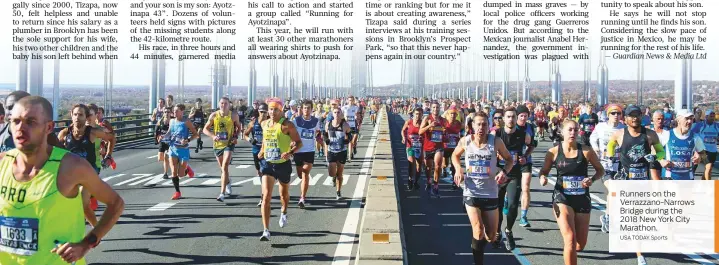  ?? USA TODAY Sports ?? Runners on the ■ Verrazzano-Narrows Bridge during the 2018 New York City Marathon.