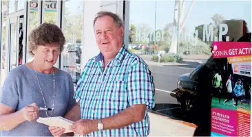  ??  ?? Where’s the Funding lobby group members Kerry Elliott and Rob Sinnett outside Member for Eastern Victoria Harriet Shing’s office on Friday after a meeting with her staff, that has now lead to a reschedule­d meeting this week.