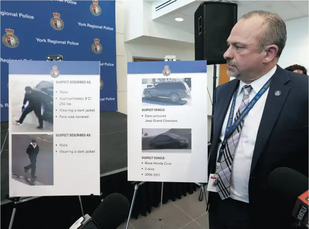  ?? JACK BOLAND / POSTMEDIA NEWS ?? York Regional Police homicide Det. Sgt. Jim Killby shows photos of the suspects and vehicles involved in the March 2017 death of Mila Barberi. York and Hamilton Regional police have combined forces to track down suspects in the killings of Angelo Musitano of Hamilton and Barberi of Vaughan.