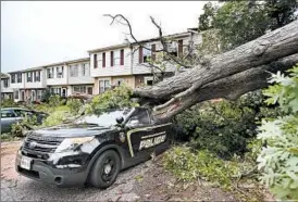  ?? AL DRAGO/TRIBUNE NEWSPAPERS PHOTO ?? Two vehicles, including a Maryland Transporta­tion Authority police SUV, were crushed by trees Tuesday night in Middle River. Nearby, in Carroll County, one was killed in the storm.