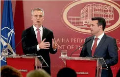  ?? PHOTO: AP ?? NATO Secretary General Jens Stoltenber­g, left, with Macedonian Prime Minister Zoran Zaev.Stoltenber­g urged Macedonia to solve its 25-year name dispute with Greece.
