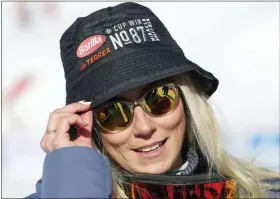  ?? ALESSANDRO TROVATI — THE ASSOCIATED PRESS ?? The winner United States’ Mikaela Shiffrin wears an hat with n. 87, the number of her World Cup victories, one more than ski great Ingemar Stenmark, after an alpine ski, women’s World Cup slalom, in Are, Sweden, Saturday, March 11, 2023.