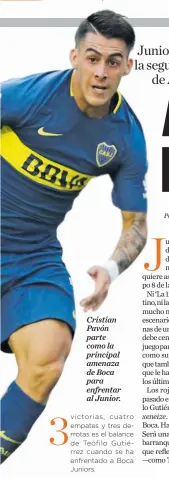  ??  ?? Cristian Pavón parte como la principal amenaza de Boca para enfrentar al Junior.