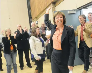  ?? AARON HINKS/DAILY NEWS ?? The NDP’s Sheila Malcolmson, seen celebratin­g her 2015 win in the federal Nanaimo-Ladysmith riding, has been persuaded by John Horgan to run in an upcoming Nanaimo provincial byelection.