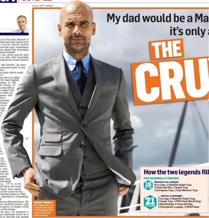  ?? Picture: GETTY IMAGES ?? SMART MONEY: Guardiola has not looked back since Cruyff placed him in the first team at Barcelona