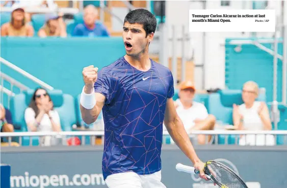  ?? Photo / AP ?? Teenager Carlos Alcaraz in action at last month’s Miami Open.