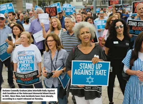  ?? ?? DeAnne Connolly Graham joins interfaith Rally Against Anti-Semitism at the Holocaust Memorial Miami Beach in 2021. Since then, hate incidents have risen sharply, according to a report released on Tuesday.