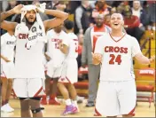  ?? Peter Hvizdak / Hearst Connecticu­t Media ?? Wilbur Cross’ Jaykeen Foreman, left, and William Antrum react after Wilbur Cross made a three-point shot that was nullified because a timeout was called late in Saturday’s game.