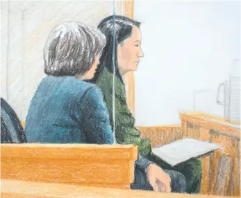  ?? CP/JANE WOLSAK ?? In this courtroom sketch, Meng Wanzhou, chief financial officer of Huawei Technologi­es, back right, sits beside a translator during a bail hearing at B.C. Supreme Court in Vancouver, on Friday.