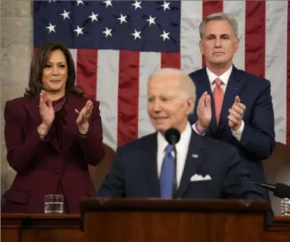  ?? Jacquelyn Martin/Getty Images ?? President Joe Biden delivers the State of the Union address as Vice President Kamala Harris and House Speaker Kevin McCarthy applaud on Feb. 7, in the House Chamber of the U.S. Capitol in Washington, DC.