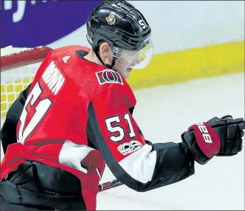  ?? FRED CHARTRAND/THE CANADIAN PRESS ?? Senators forward Logan Brown celebrates after scoring his second goal of the game against the Montreal Canadiens on Saturday at the Canadian Tire Centre. Brown also had an assist in Ottawa’s 5-1 win and is making his case to stay with the team.