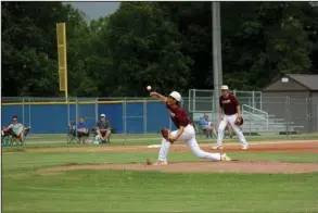  ?? The Sentinel-Record/James Leigh ?? LETTING IT GO: Lake Hamilton pitcher Hayden Estrada releases a pitch during the first inning of Monday’s loss to Sheridan Shelby Taylor Trucking in the American Legion Junior State Tournament at Sheridan.