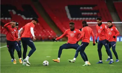  ??  ?? Dominic Calvert-Lewin (far left) and Tammy Abraham (centre) with England teammates before the Nations League encounter against Iceland at Wembley last month. Photograph: Neil Hall/Reuters
