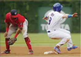  ??  ?? CHICAGO: Washington Nationals shortstop Wilmer Difo, left, watches as Chicago Cubs’ Ian Happ steals second base during the fourth inning of a baseball game, Sunday, in Chicago. —AP