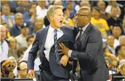  ?? RAY CHAVEZ/STAFF ?? Warriors head coach Steve Kerr, left, is passionate about unfair foul calls on the court and social issues off the court.