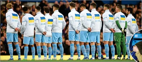  ?? ?? uNItED: Zinchenko and Mykolenko, far right, embrace, as Manchester City show support for Ukraine, above, and fans weep