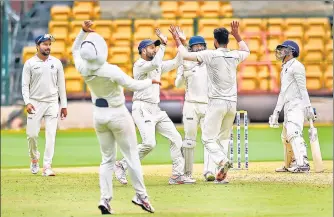  ?? PTI ?? Madhya Pradesh bowler Kumar Kartikeysa celebrates after dismissing Mumbai's Armaan Jaffer on Day 1 of the Ranji final.