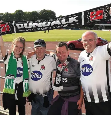  ?? Photo: Matt Browne/Sportsfile ?? Dundalk supporters, from left, Mary-Jane Mulligan, David Caldwell, Gerard Mulligan and Kevin Corrigan before the UEFA Europa League 1st Qualifying Round First Leg match in Tallinn.