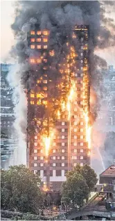  ??  ?? Grenfell ablaze, and right, workers removing cladding at Chalcots Estate in London yesterday