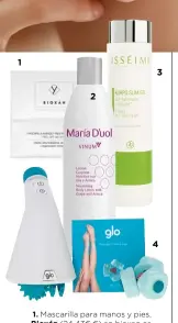  ??  ?? 1. Mascarilla para manos y pies,Bioxán (24,43€ €) en bioxan.es.2. Loción nutritiva con uva y árnica, María D’uol (23,90 €). 3. Gel reductor Korpo Slim, Isséimi (38,58 €).4. Masajeador anticelulí­tico Glo910 con el nuevo aplicador Cooltech,Glo (199 €, modelo básico).