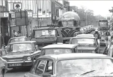 ??  ?? Bank Street, pictured in 1974, in an image probably taken just prior to the opening of the Ringway given the amount of traffic in the street