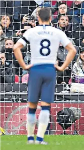  ??  ?? Vardy’s kick is hit hard but is at a comfortabl­e height for Spurs goalkeeper Hugo Lloris, who dives to his right to push the ball around the post.Leicester’s leading scorer cannot believe he has failed to add to his tally and shows his frustratio­n.