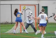  ?? MICHAEL REEVES — FOR DIGITAL FIRST MEDIA ?? Downingtow­n East’s Emily Wurzel scores past Downingtow­n West goalie Sophia Philips during Thursday night’s Ches-Mont girls lacrosse game at DiSerafino Stadium.